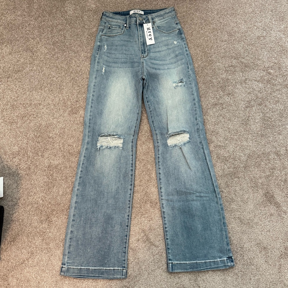 Grey Bandit High Rise Distressed Wide Leg Jeans